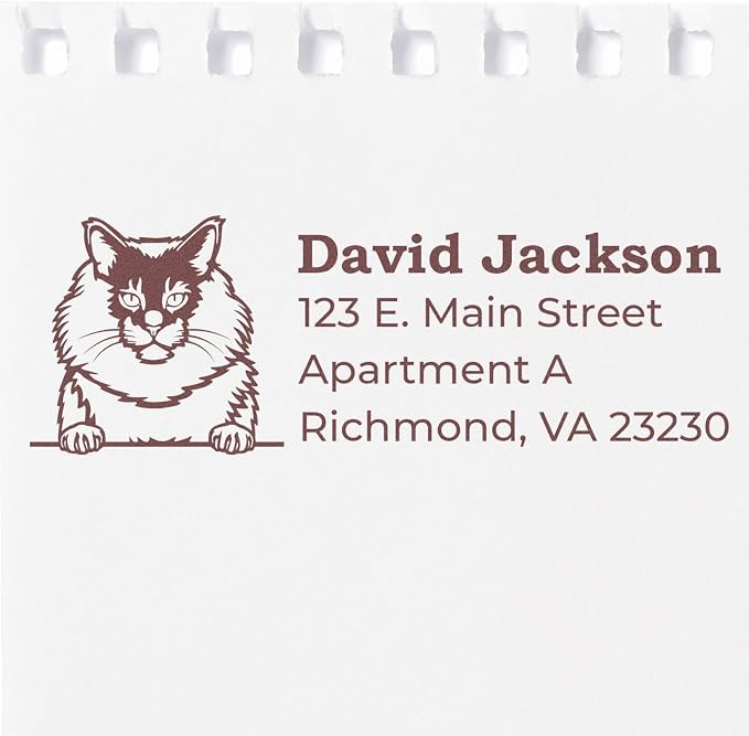 Peeking Maine Coon Cat Address Stamp Self-Inking - Clear Impressions | Laser-cut. Address Stamp for Maine Coon Cat Moms. Personalised Address Stamp for Animal Lovers. 4 lines. 4 case colors.