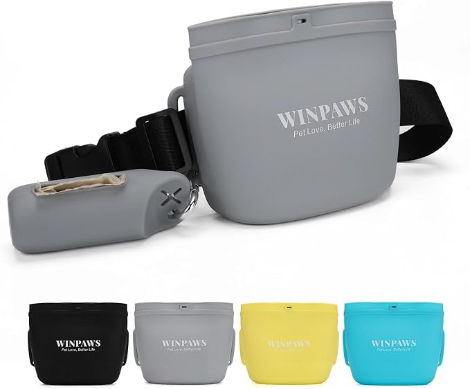 Silicone Dog Treat Pouch with Poop Bag Holder,Waterproof Magnetic Close Sealable Fanny Pack with Adjustable Waist Belt, Pet Puppy Training Essentials, One-Handed Opening with Press & Magnetic (Grey)