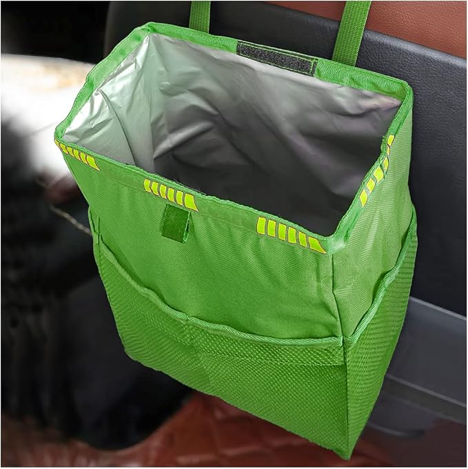 Fekey&JF Foldable Hanging Car Trash Can with Storage Pockets, Green | waterproof lining, hanging strap, Velcro closure, fits most sedans, SUVs, and trucks, car interior accessories