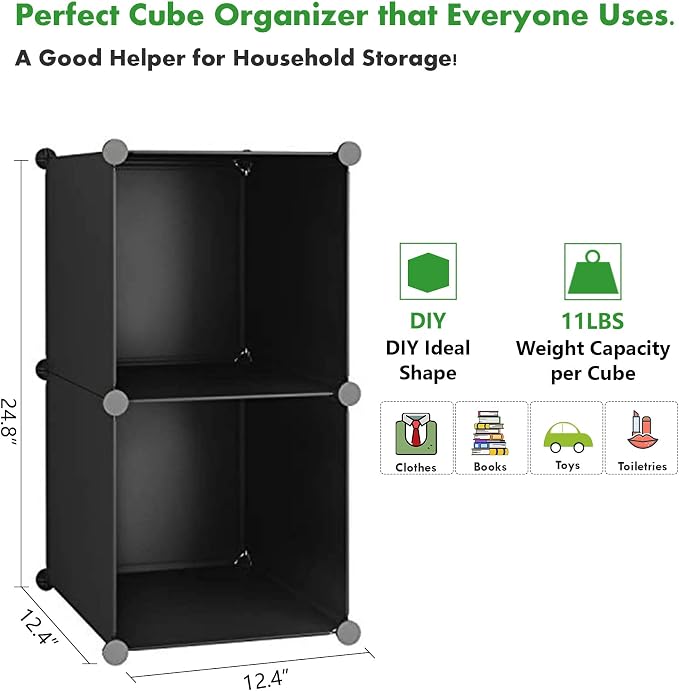 C&AHOME Modular Bookcase, 2-Cube Storage Organizer, Plastic Shelves, Black | Portable Closet Organizer, DIY Bookshelf, Storage Cabinet Ideal for Kids, Home, Office, 12.4" L x 12.4" W x 24.8" H