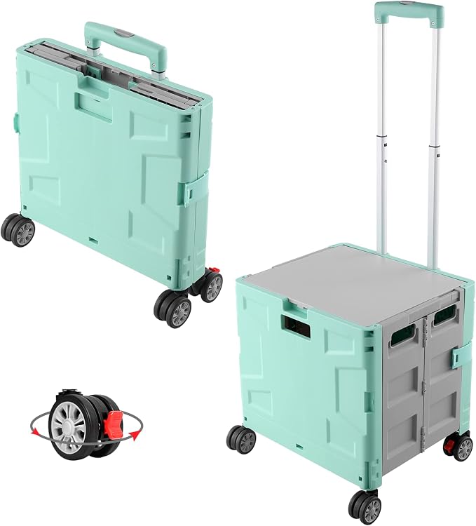 FELICON Folding Utility Cart Rolling Crate Handcart Basket Tote-Green+Gray | Collapsible Hidden Lid,Plastic Box,Telescoping Handle,4 Rotate Wheels for Travel Shop Move Grocery Laundry Office Teacher Use