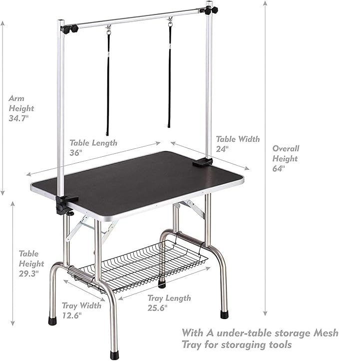 36" Pet Dog Grooming Table, Foldable Stainless Steel Frame Pet Drying Grooming Table Up to 330lbs, Professional Bathing Desk for Dogs at Home with Adjustable Overhead Arms, Noose, Mesh Tray