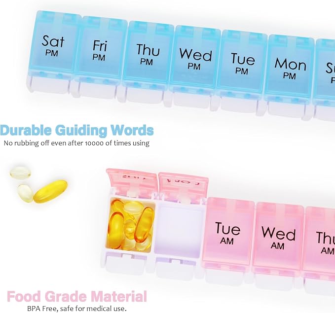 MOLN HYMY Weekly Pill Boxes and Organizer 2 Times a Day, 7 Day AM PM Pill Case Two Week, 14 Large Compartments Pill Dispenser to Hold Medication, Vitamins (Pink+Blue)