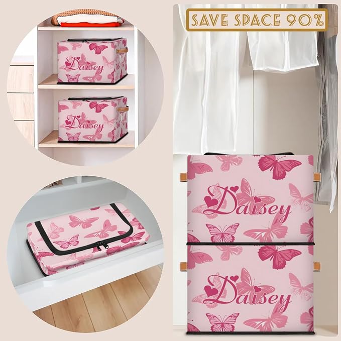 Custom Cute Butterfly Storage-Bin With Zipper Lid for Kids-Girls-Boys-Baby-Pet,Personalized Name Foldable Storage Box with Handle,Baby Basket With Label for Bedroom Nursery Toy Clothes,Pink