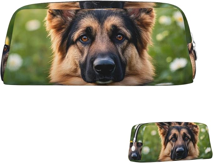 PU Leather Pencil Case Cosmetic Pencil Bags Makeup Pouch with Zipper | Cute Pet German Shepherd Dog Pen Pouch Portable Cosmetic Organizer Bag For Office Woman Man