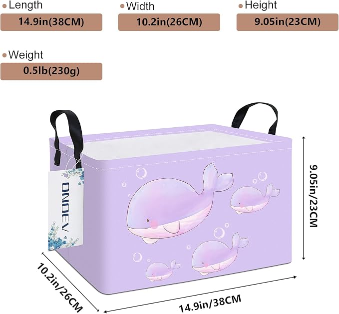 Rectangular Purple Whale Waterproof Collapsible Storage Bin Organizer | stain-proof canvas, reinforced handles, planet print for laundry, study, living room, hallway, closet and playroom