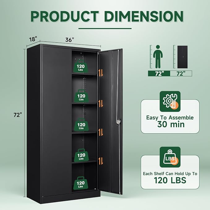 Metal Garage Storage Cabinets with Lock Door and Adjustable Shelves, Steel Tool Cabinets for Home,Office,Warehouse Organisieren (Black, 72" H)