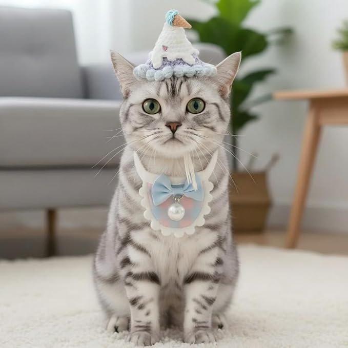 Handmade Dog Outfit – Adjustable Birthday Cat Hat & Silk Dog Scarf with Pearl Pendant for Cats,Small & Medium Dogs, Cute Accessory for Cat Birthday, Holiday, Daily Wear & Photos