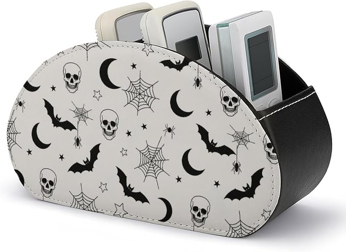 Remote Control Holder Gothic Skull Bat Web 5-Slot Office Storage Caddy Box | Makeup Brush Organizer, Pu Leather, Gothic Skull Bat Spider Web Moon Art Desktop Accessory for TV Remotes Media Player