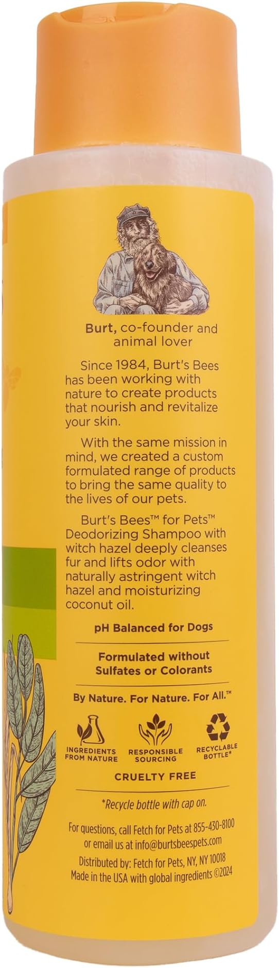 Burt's Bees for Pets Deodorizing Dog Shampoo with Witch Hazel, Lemongrass and Sage Scent, 95% Natural Origin, pH Balanced, No Sulfates or Parabens, for Smelly Dogs, 16 Fl Oz
