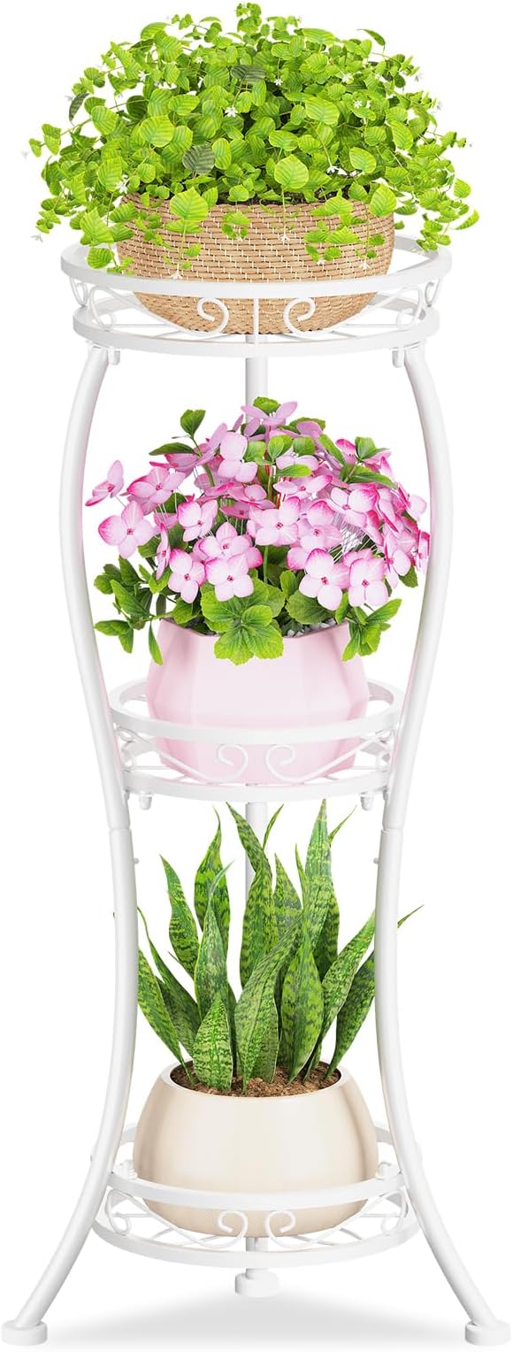 KMOTASUO Metal Plant Stand Tall for Indoor Outdoor Corner, 3 Tier Modern White
