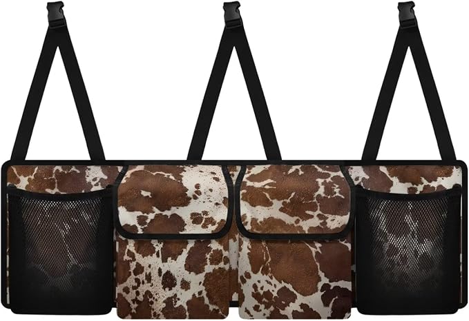 Car Trunk Organizer Brown Cow Print Car Accessories Back of Seat Organizer with Adjustable Straps, Easy to Install