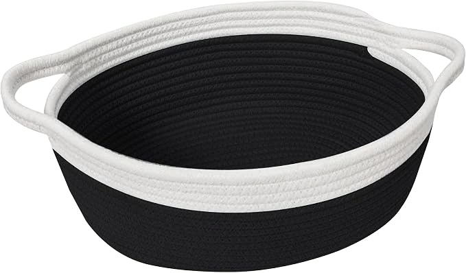 Woven Cotton Rope Gift Basket, Small Baskets for Gifts Empty, Cute Baby Nursery Basket, Pet Toy Storage Bin for Dog Cat, Decorative Wicker Home Organizer with Handles, 12"x 8"x 5", Black