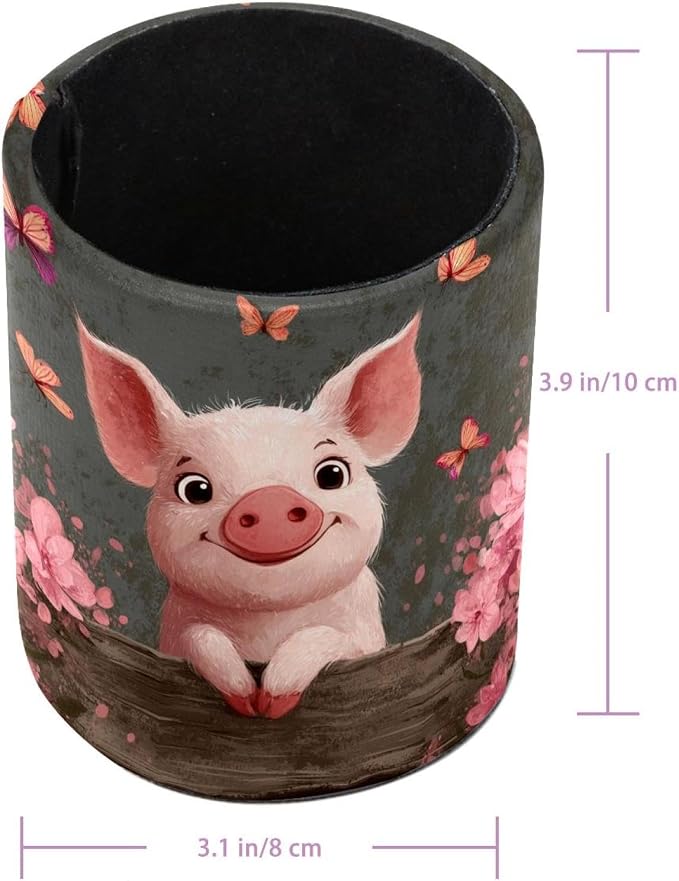 Faux Leather Pen Holder for Desk, Pencil Organizer Cute Pig Pen Cup Desk Decor Makeup Brush Holder Storage for Office Home