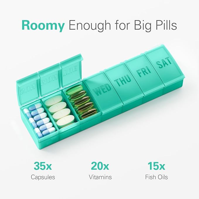 Barhon Pill Organizer Large, Weekly Pills Organizer Pill Box, Medicine Pill Organizer Travel, 7 Day Pill Case for Big Vitamins Supplements Fish Oil, Green