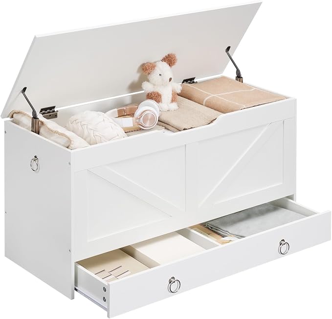 HOOBRO Storage Chest, 39.3" Toy Chest with Drawer, Wooden Storage Bench, Sturdy Entryway Bench Supports 220 lb, Shoe Bench, Safety Hinge, U-Shaped Opening, Easy Assembly, White WT710CW01G2