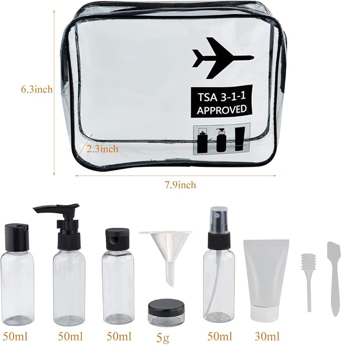 Wobe Travel Bottles and TSA Approved Toiletry Bag, Clear Quart Size with Leak-Proof Travel Containers Set Makeup Bag Accessories for Liquids Carry-On Luggage Compliant for Airplaine