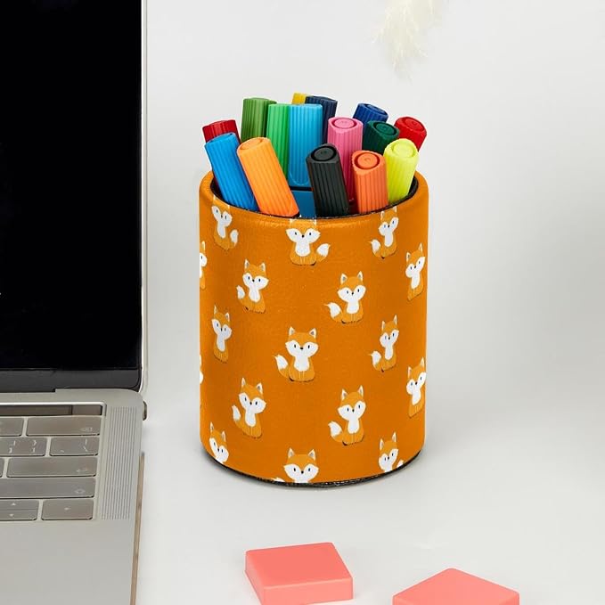 Faux Leather Pen Holder for Desk, Pencil Organizer Cartoon Little Fox Pen Cup Desk Decor Makeup Brush Holder Storage for Office Home