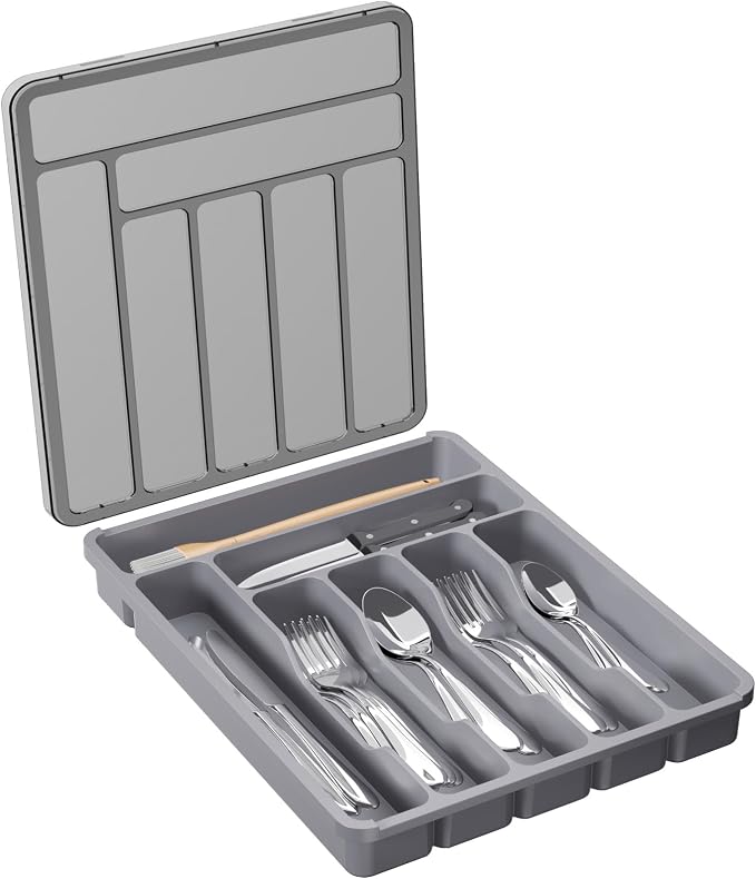 Lifewit Silverware Organizer with Lid, Covered Utensil Tray, 11.3x14.4 | Plastic Cutlery Storage Box for Kitchen Drawer and Countertop, Flatware Case Holder for Spoons Forks Knives, Gray