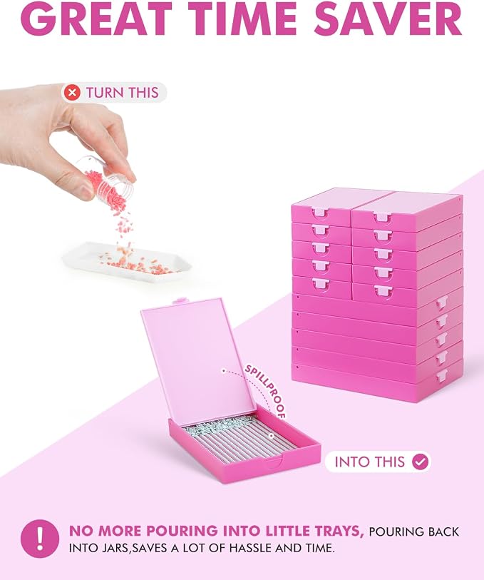 CATEARED Trabricks 2-in-1 Stackable Diamond Art Trays With Lids, Diamond Art Storage, Craft and Bead Storage Organizer & Line-Up, Box Package (Pink, 15 piece Tray Kit)
