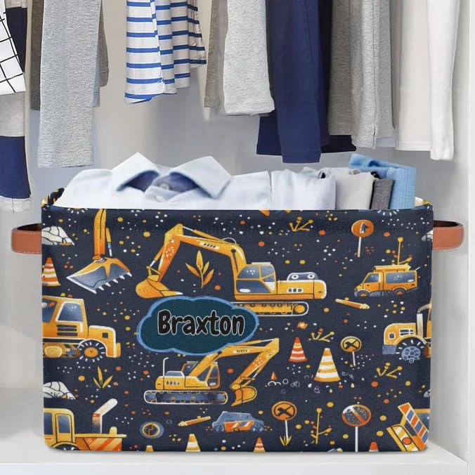 Custom Rectangular Baby Storage Basket, Kids Toys Bin, Books Shelf Basket, Clothes Towel Storage Bin for Nursery, Gift Basket, Pet Basket, Excavator Work Zone Construction