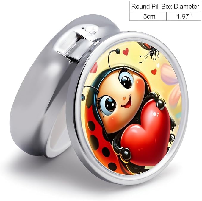 Ladybug Metal Round Pill Box, 3 Compartment Travel Organizer, Portable Pill Container with Secure Latch, 2 Inch Circular Vitamin Caddy for Pills and Vitamins, Gift for Him Her Elderly