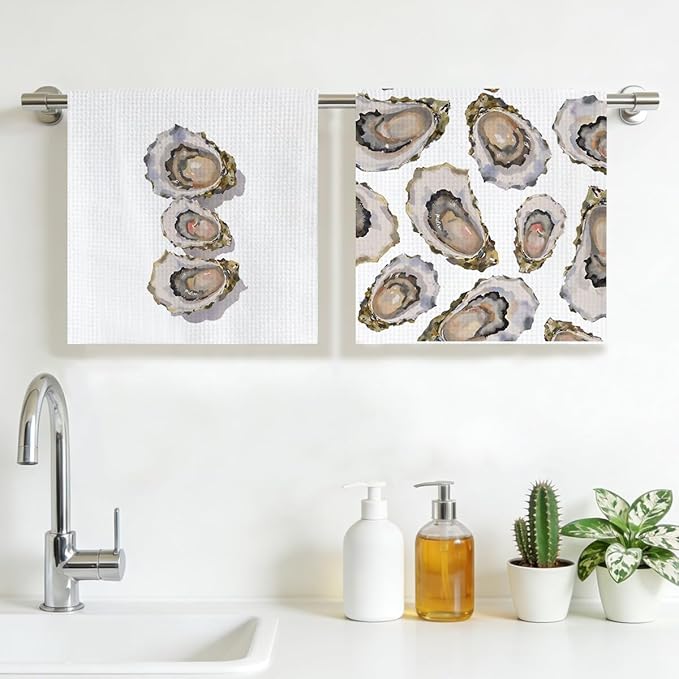 2PCS Vintage Oyster Kitchen Towels 14x24 Inch, Absorbent Microfiber Decorative Dish Cloth Tea Towel, Oyster Waffle Hand Towels for Farmhouse Kitchen Home Bathroom, Housewarming Gifts for Women Frend