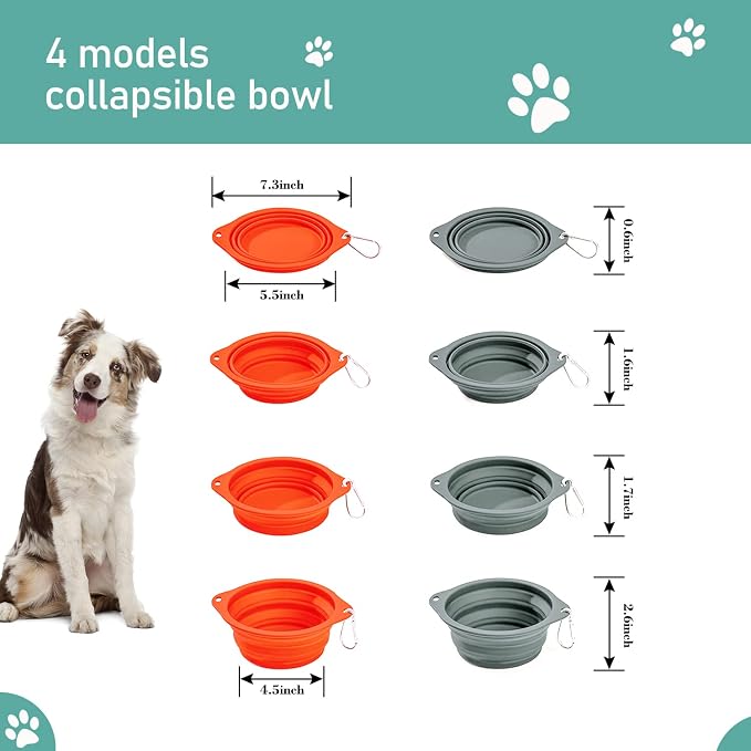 2 Pack Silicone No Spill Collapsible Travel Dog Feeding Bowls | Food-Grade Silicone, BPA Free, Travel Pet Bowls, with Carabiner Clip for Hiking, Durable & Quality, Dishwasher Safe