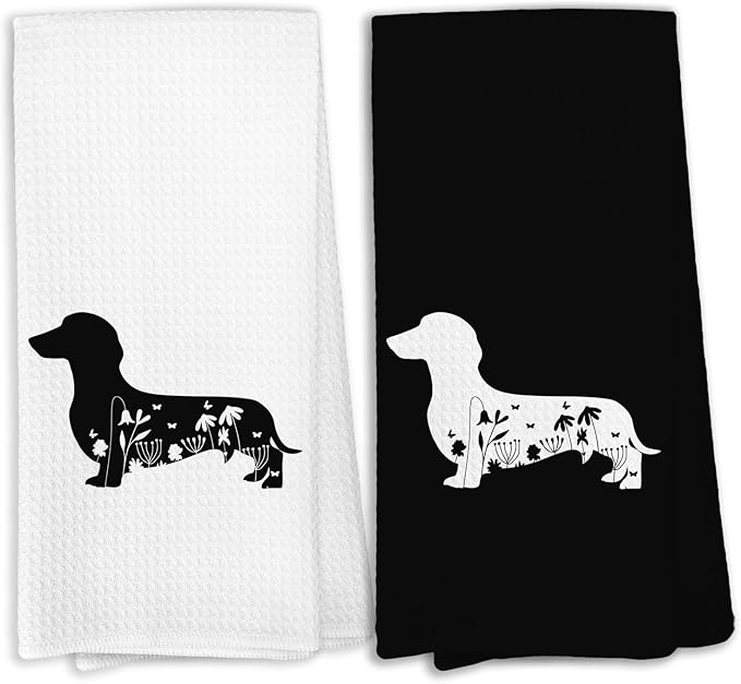 Black and White Dachshund Kitchen Towels, Weiner Dog Hand Towels Decorative Set of 2, Dachshund Home Decor Gifts for Women