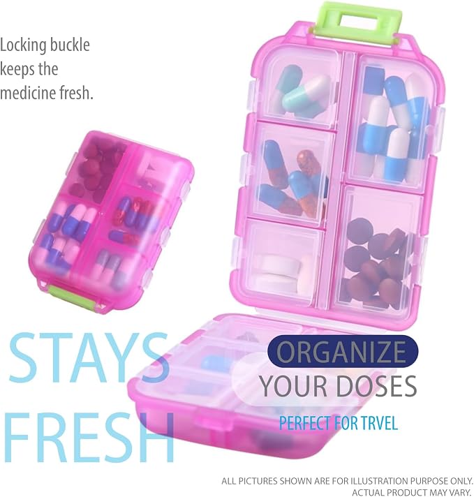 Deke Home - Portable Pill Organizer with 10 Large Compartments & 14 Medication Labels, Daily Pill Box for Vitamins, Supplements & Medicine, Portable Travel Case (Pink)