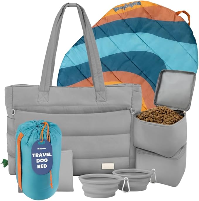 Rubyloo Dog Mom Bundle - Puffer Tote with Storage Containers (Grey) and Travel Dog Bed Large (42”x30”) (Sunset Surf Teal) - Travel Bag and Portable Outdoor Bed Set