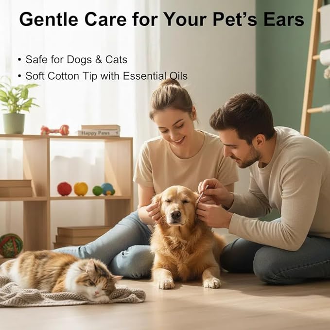 50 Pcs 2-in-1 Pet Ear Cleaning Cotton Swabs for Dogs & Cats - Essential Oil Infused Cat Ear Cleaner - Gentle Ear Wax Removal - Soothing Itch & Freshness - Individually Wrapped for Easy Use