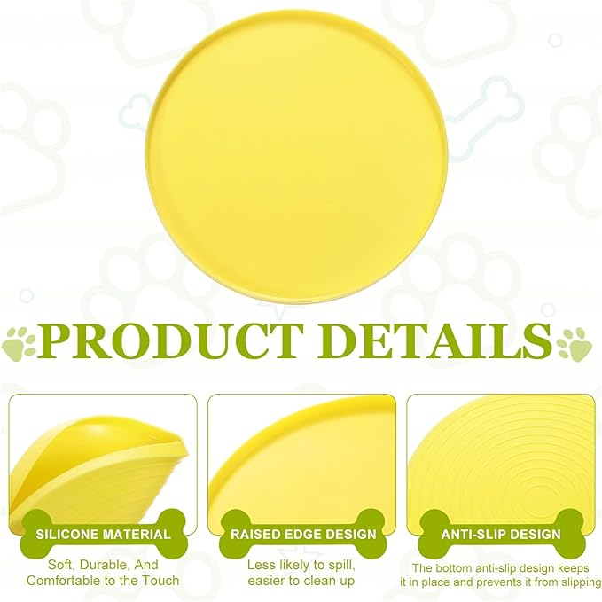 Cat Food Mat, 7x7 Inch Silicone Pet Feeding Mat Non-Slip Round Waterproof Dog Water Bowl Tray Raised Edge Protects Floors (4Pcs, Yellow), Intended for Pets Bowl/Fountain