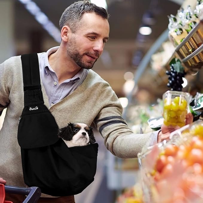 Lukovee Pet Sling, Puppy Small Pet Cat Carrier with Safety Hook | Hands-Free,Padded Strap, Breathable, Adjustable, Storage Pocket, Tote Bag Shoulder Bag with Front Pocket (Black, L)