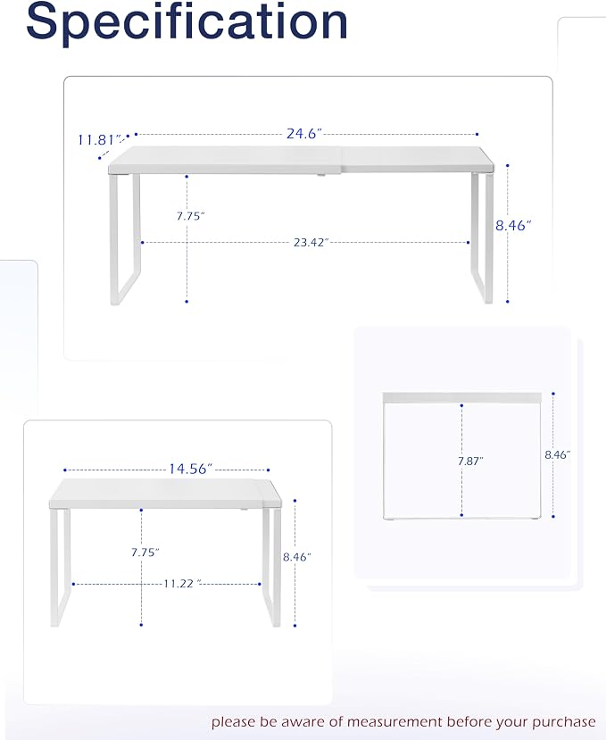 Nxconsu Expandable Cabinet Shelf, Shelf Riser for Cabinets, 11.8" White | Edgeless Metal Cabinet Riser Holds 50 lb and Expands 14.6 to 24.6 in for Under Sink Kitchen Pantry Cupboard Shelf