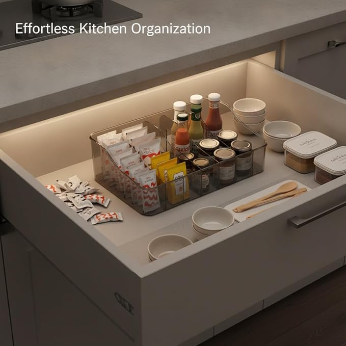 Condiment Organizer Box with Dividers, Clear PET Plastic Storage Caddy for Kitchen Drawers and Cabinets, 8.7 x 5.5 x 2.8 Inches (1 PC)