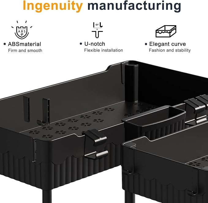 2-Pack Under Sink Organizer with Hooks & Hanging Cup for Kitchen | Multi-use kitchen & bathroom storage, 12.8 inch black cabinet organizer, with hooks and hanging cup for easy access.