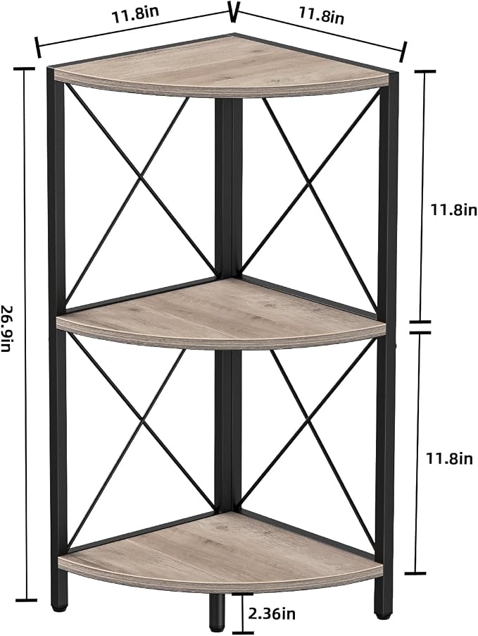 Snughome Corner Shelf for Desktop, 3-Tier Corner Storage Organizer with Metal Frame, Freestanding Corner Shelf Stand Display Rack for Kitchen Counter, Living Room, Grey