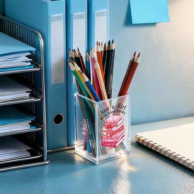 Just A Girl Who Loves Books Acrylic Pencil Holder Cup for Book Lover | Funny Floral Books Desk Organizer for Bookish Bookworms Readers, Women Empowerment Gifts for Daughter Girls Sister BFF (Red)
