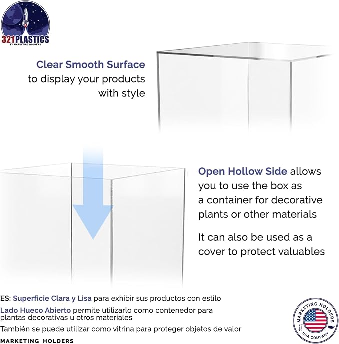 Marketing Holders 12" x 12" x 16" Clear Acrylic Display Box with One Open Side No Lid Versatile Tall Retail Product Riser Storage Bin or Wedding Floral Centerpiece Pedestal
