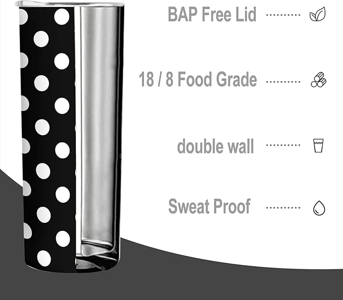 20 oz Insulated Stainless Steel Tumbler Mug, White Black Polka Dot Cup with Lid, Hot and Cold Insulation Presents for Men Women Teens