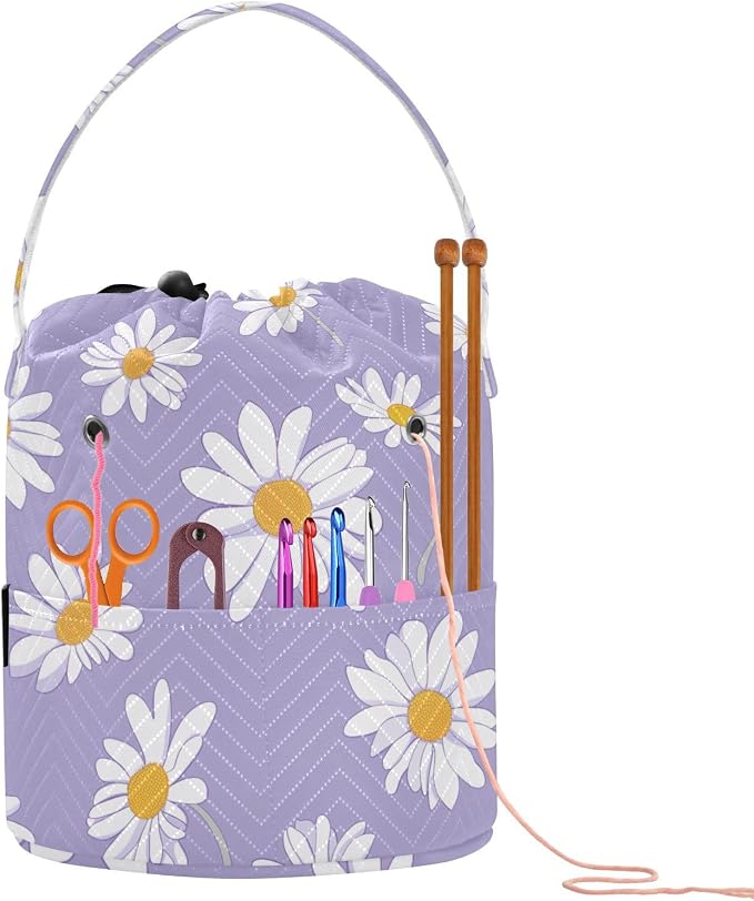 Fustylead Cute Daisy on Light Purple Background Yarn Crochet Tote Basket, Large Knitting Drawstring Organizer Yarn Storage Bag for Crocheting Project, Sewing Supplies, Yarn Balls, Needles