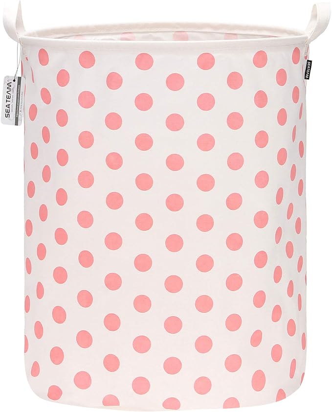 Sea Team Large Canvas Laundry Basket with Handles, Pink Dots | Collapsible Fabric Laundry Hamper, Closet Shelf Organizers, Containers for Clothing, Blankets, Toys, Bedding, 19.7 x 15.7”