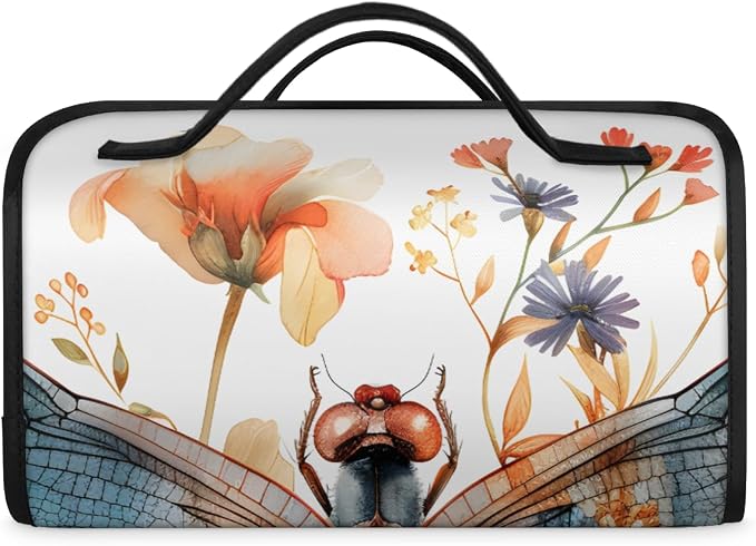 Flower Dragonfly Makeup Bag for Women Hanging Roll-Up Travel Organizer Toiletry Kit with 4 Removable Compartments, Floral Dragonflies