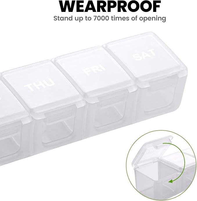 Sukuos Extra Large Weekly Pill Organizer, 7 Day Daily Pill Box Case Arthritis Friendly, Silkscreen Printed Medicine Container with Clear Lid for Vitamins, Fish Oils or Supplements (White)
