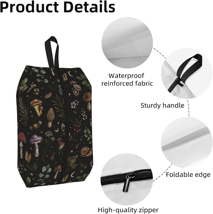 Mystical Witchcore Mushroom Travel Shoe Bag for Men & Women, Waterproof Shoe Storage Organizer with Zipper, Portable Shoe Pouch for Sneakers, Heels, Sandals, Gym & Travel Luggage 2PCS