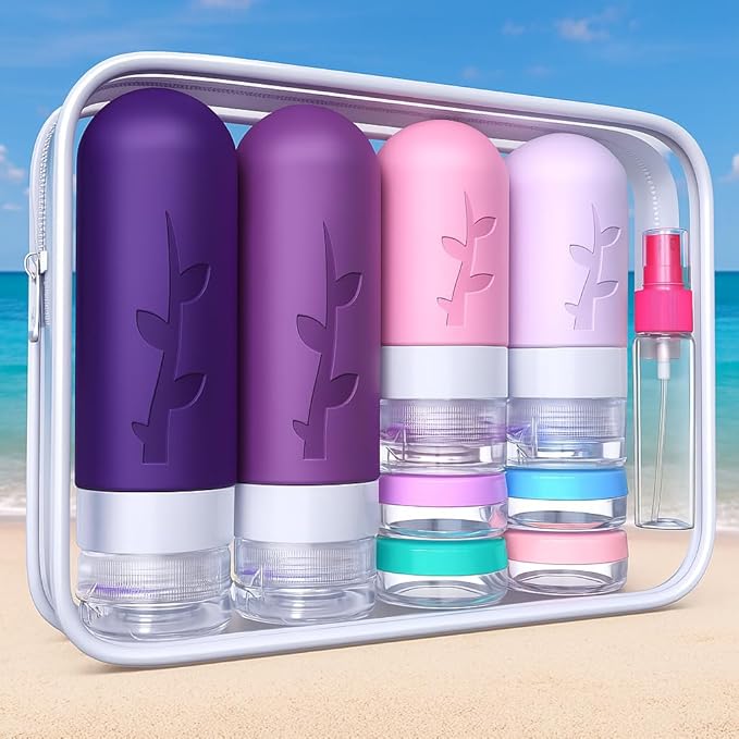 Tocelffe TSA Approved Travel Containers for Toiletries - Leak Proof Silicone Bottles, Refillable Liquid Travel Essentials for Shampoo, Conditioner, Lotion
