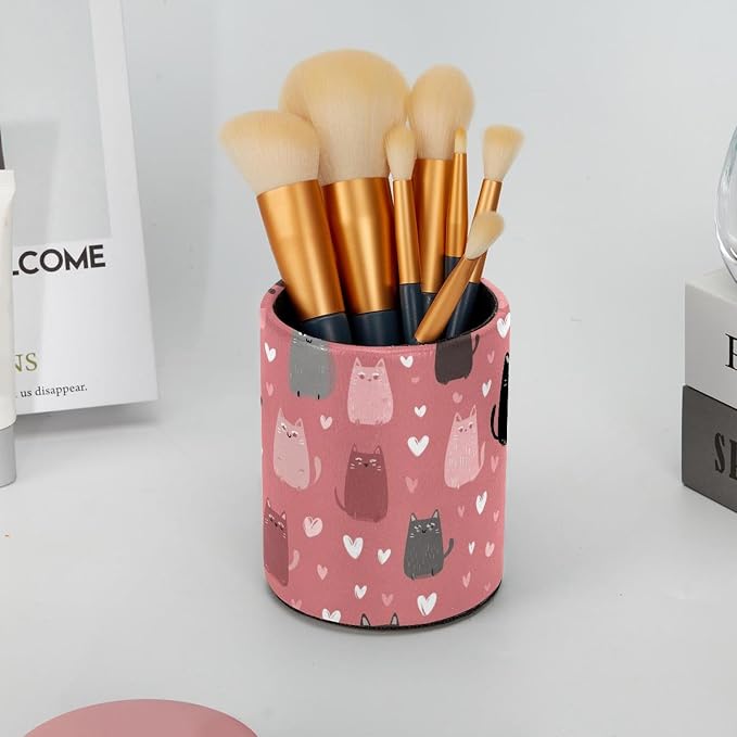Faux Leather Pen Holder for Desk, Pencil Organizer Funny Cats Pen Cup Desk Decor Makeup Brush Holder Storage for Office Home