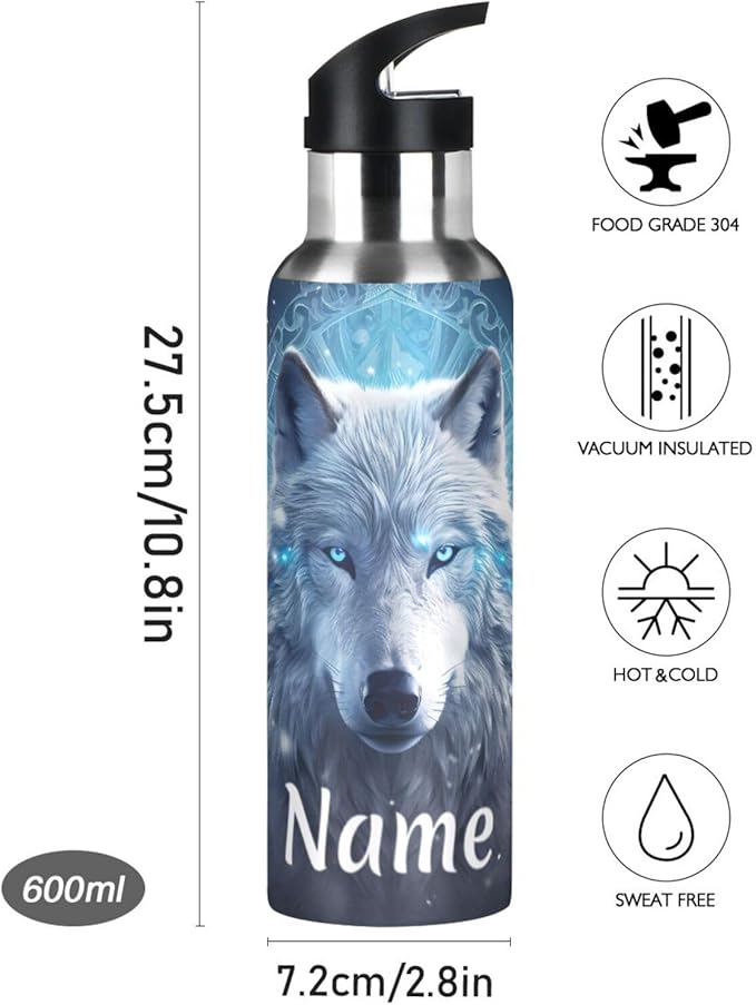 Custom Name Wolf Boho Water Bottle with Straw Lid Kids Insulated Stainless Steel Water Flask Sports, 20 Oz Hot Cold