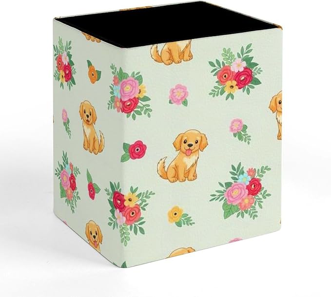 PU Leather Pencils Holder Organizer Case Golden Retriever Floral Dogs Desktop Pencil Cup Holder Stationery Container Box Office Makeup Brush Organization